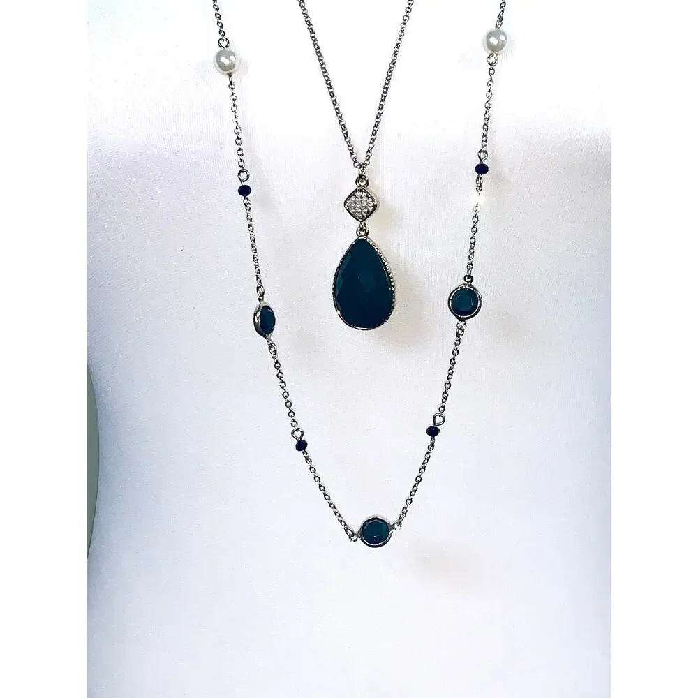White House Black Market Versatile 2 in 1 Dark Green Stone Faux Pearl Necklace